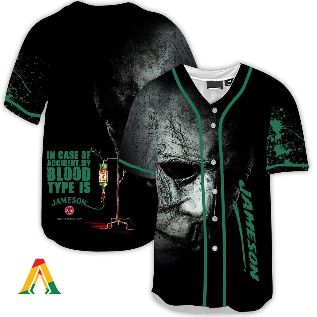 Halloween Horror Michael Myers In Case Of Accident My Blood Type Is Jameson Whisky Baseball Jersey