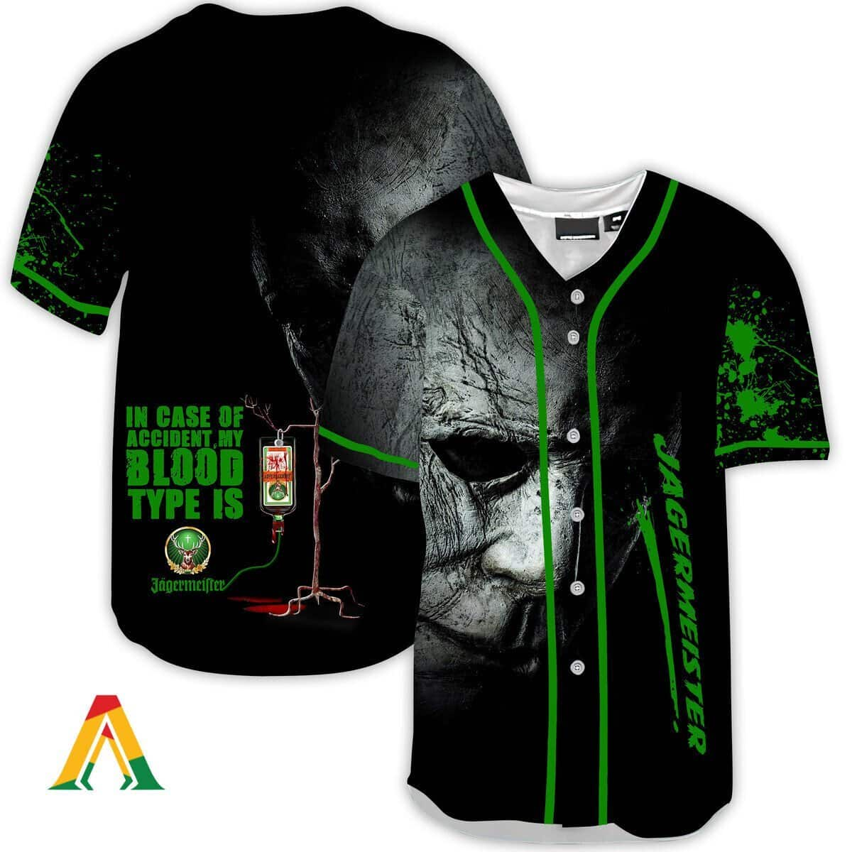 Halloween Horror Michael Myers In Case Of Accident My Blood Type Is Jagermeister Baseball Jersey