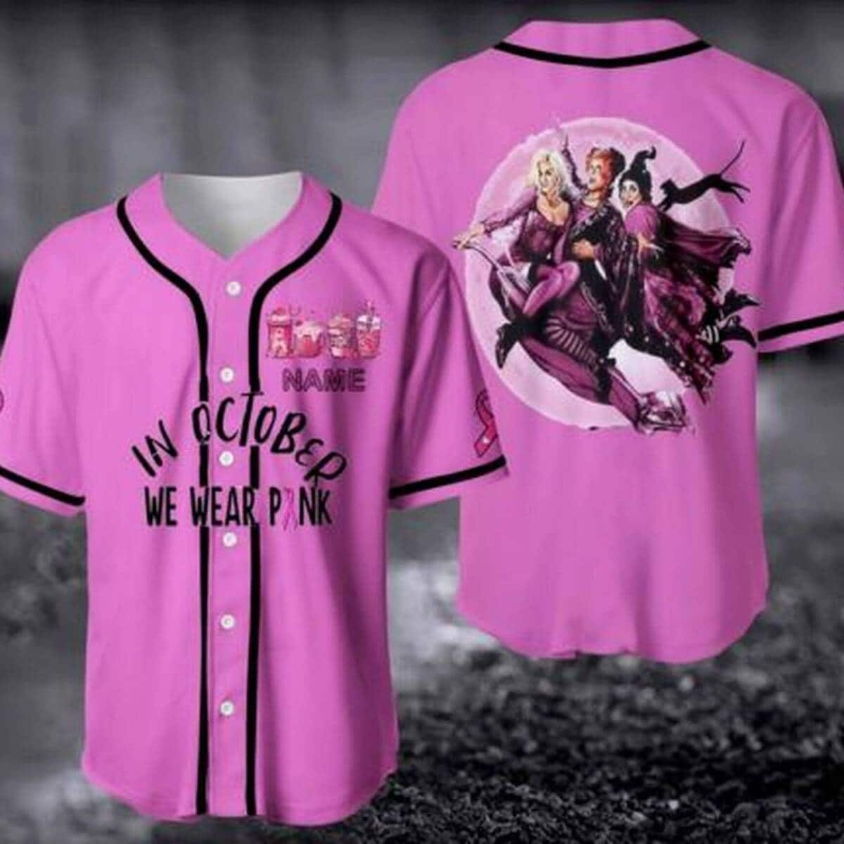 Hocus Pocus In October We Wear Pink Custom Name Baseball Jersey