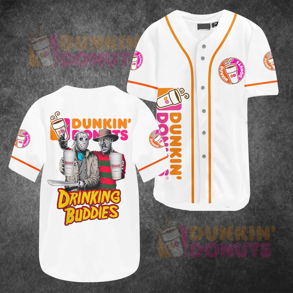 Jason Voorhees Freddy Krueger Baseball Jersey Dunkins Donut Drinking Buddies