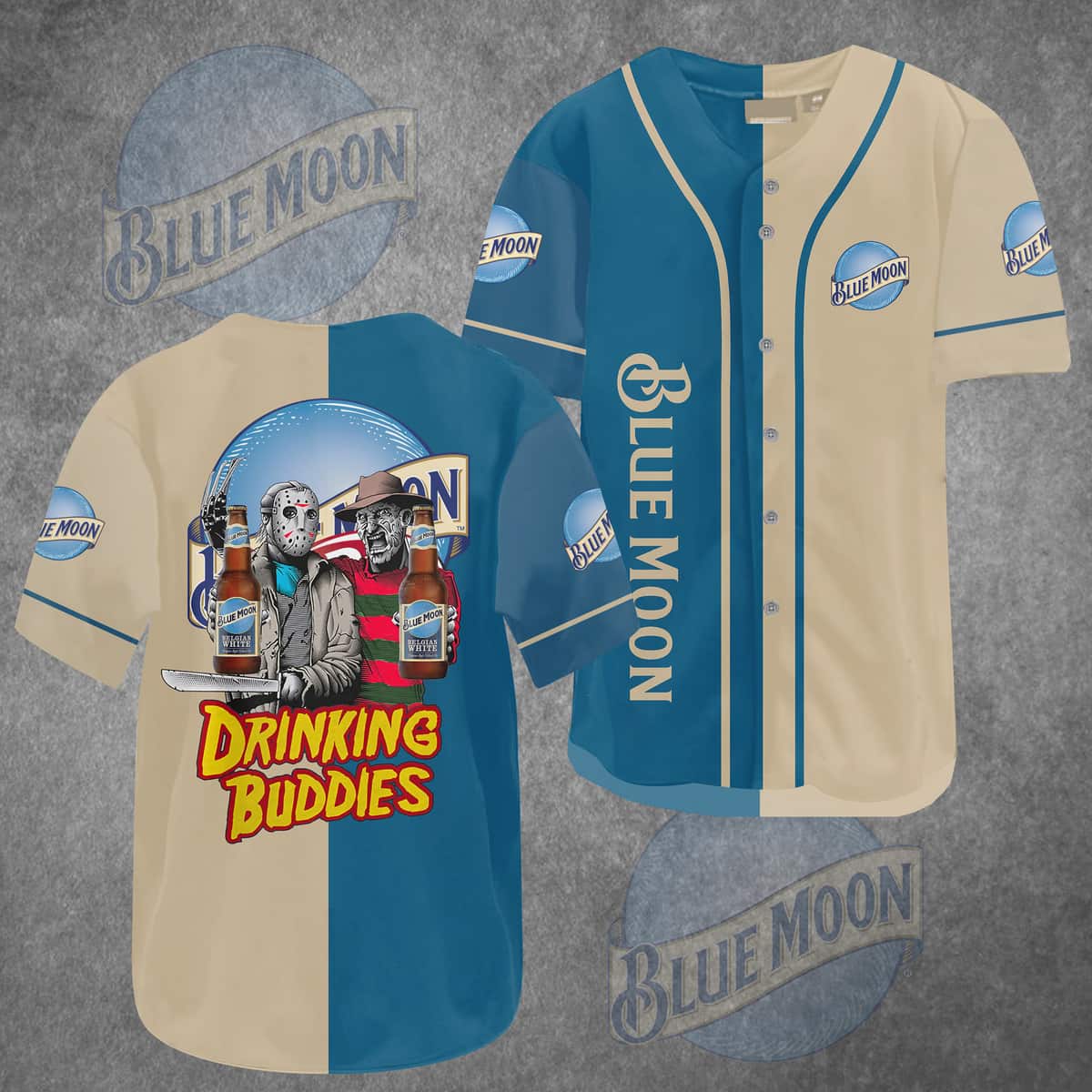 Jason Voorhees Freddy Krueger Baseball Jersey Blue Moon Drinking Buddies Jason Voorhees Freddy Krueger Baseball Jersey Blue Moon Drinking Buddies