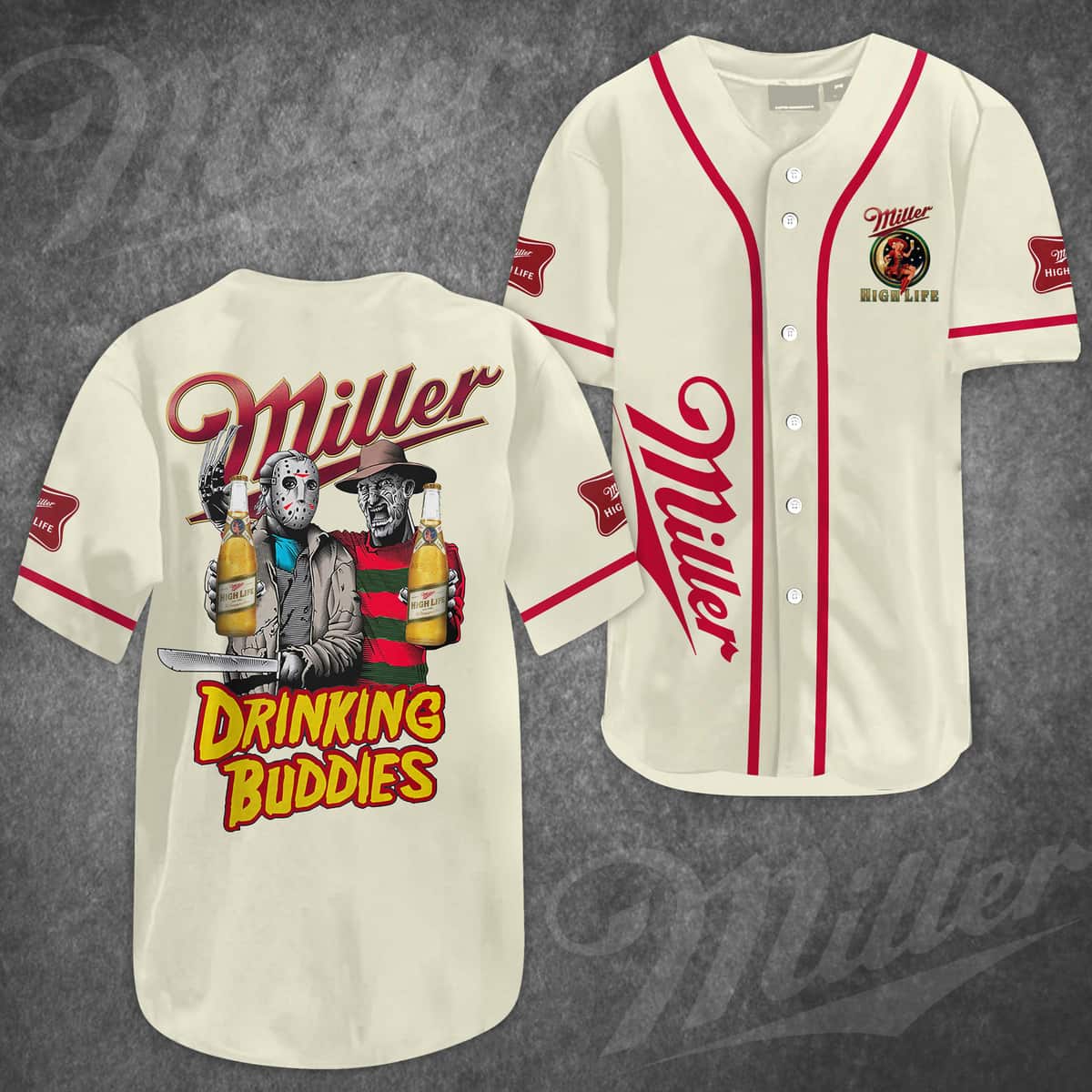 Jason Voorhees Freddy Krueger Baseball Jersey Miller Highlife Drinking Buddies Jason Voorhees Freddy Krueger Baseball Jersey Miller Highlife Drinking Buddies