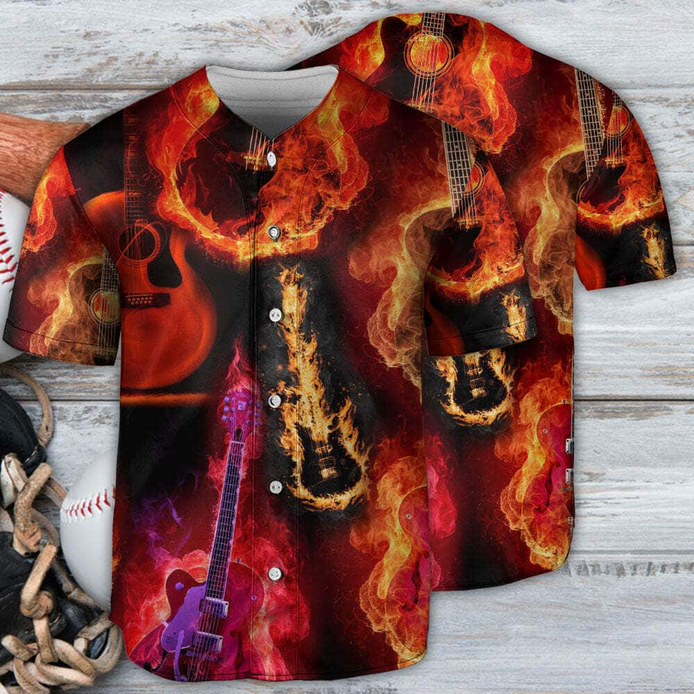 Guitar Fire Red Flame Music Baseball Jersey Gift For Him