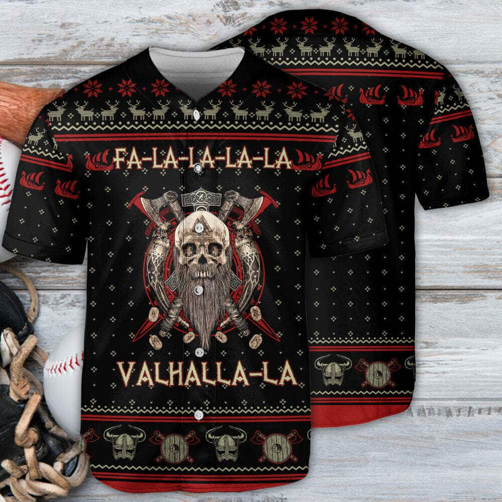 Skull Baseball Jersey Viking Valhalla Black And Red Fa La La Gift For Son Birthday