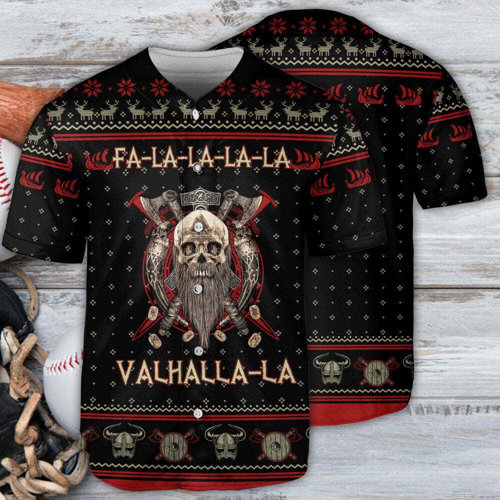 Skull Baseball Jersey Viking Valhalla Black And Red Fa La La Gift For Son Birthday Skull Baseball Jersey Viking Valhalla Black And Red Fa La La Gift For Son Birthday