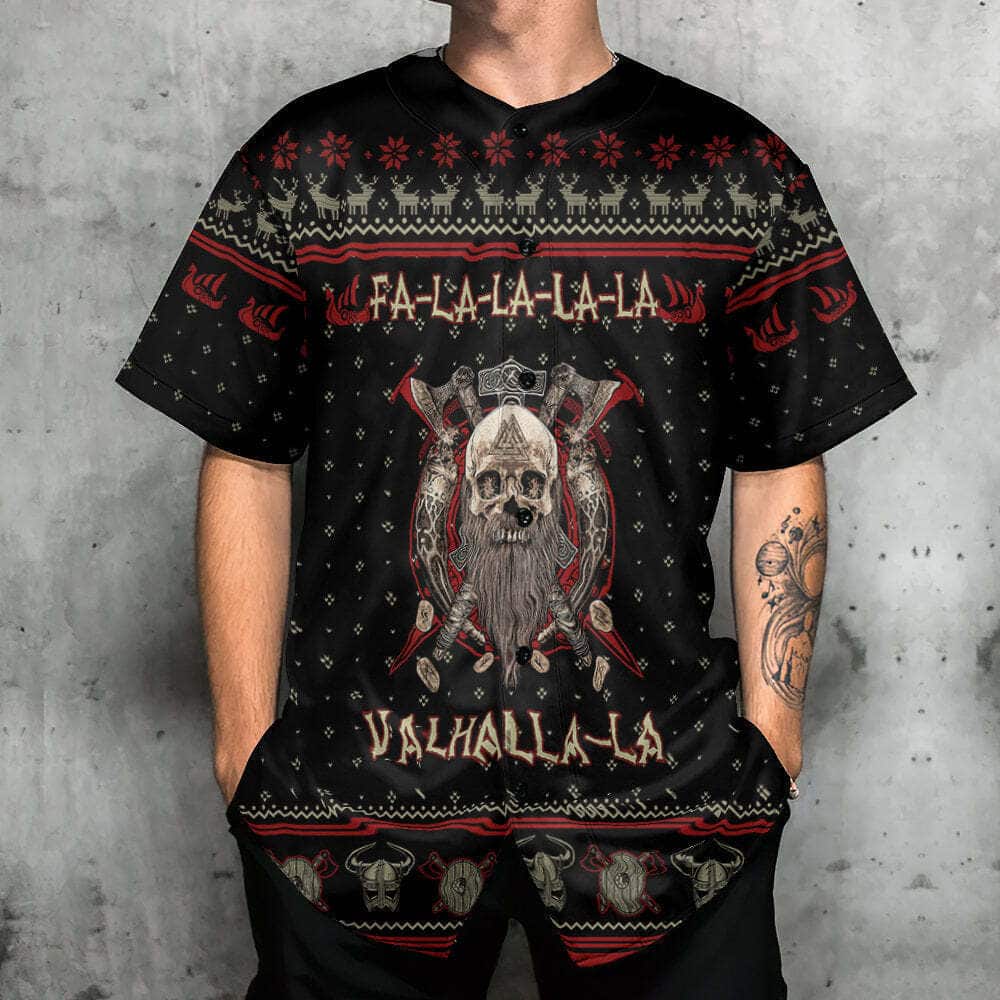 Skull Baseball Jersey Viking Valhalla Black And Red Fa La La Gift For Son Birthday Skull Baseball Jersey Viking Valhalla Black And Red Fa La La Gift For Son Birthday