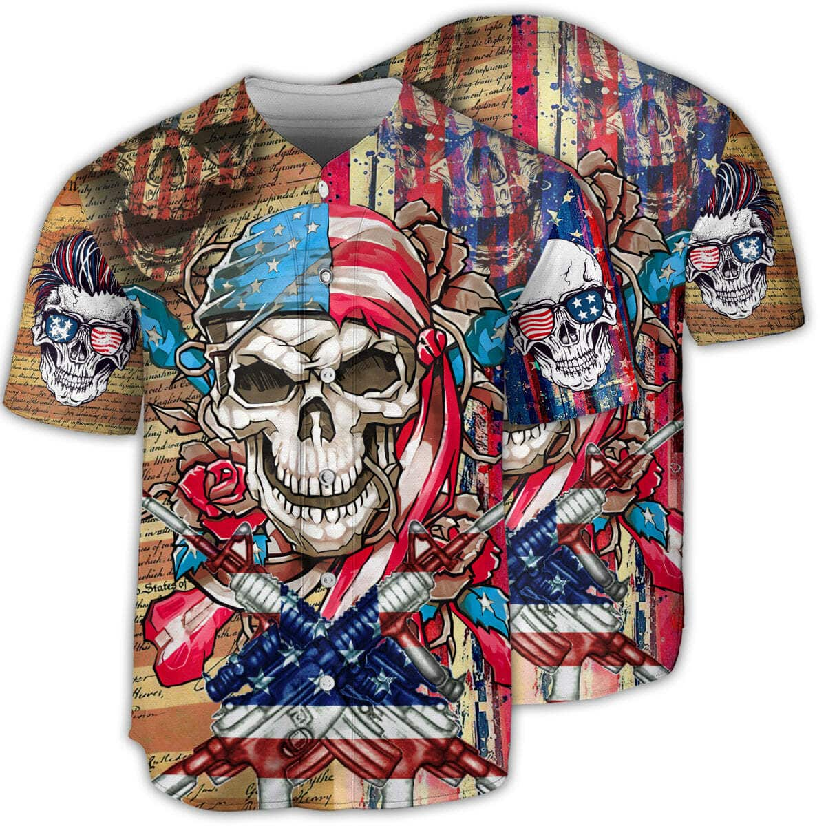 Skull Patriotic Flower America Baseball Jersey Baseball Fans Gift