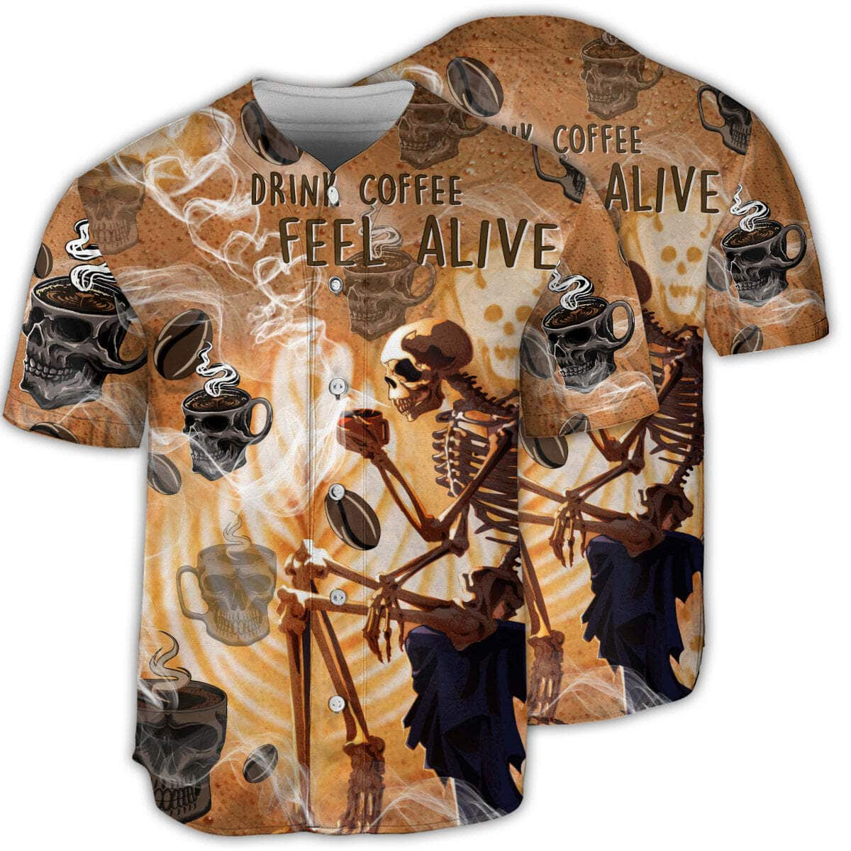 Skull Drink Coffee Feel Alive Baseball Jersey Gift For Him