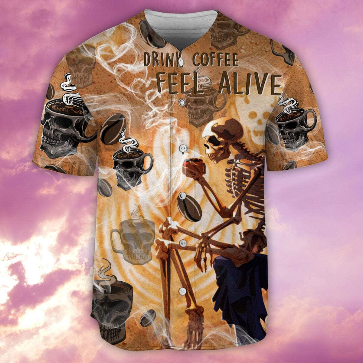 Skull Drink Coffee Feel Alive Baseball Jersey Gift For Him Skull Drink Coffee Feel Alive Baseball Jersey Gift For Him