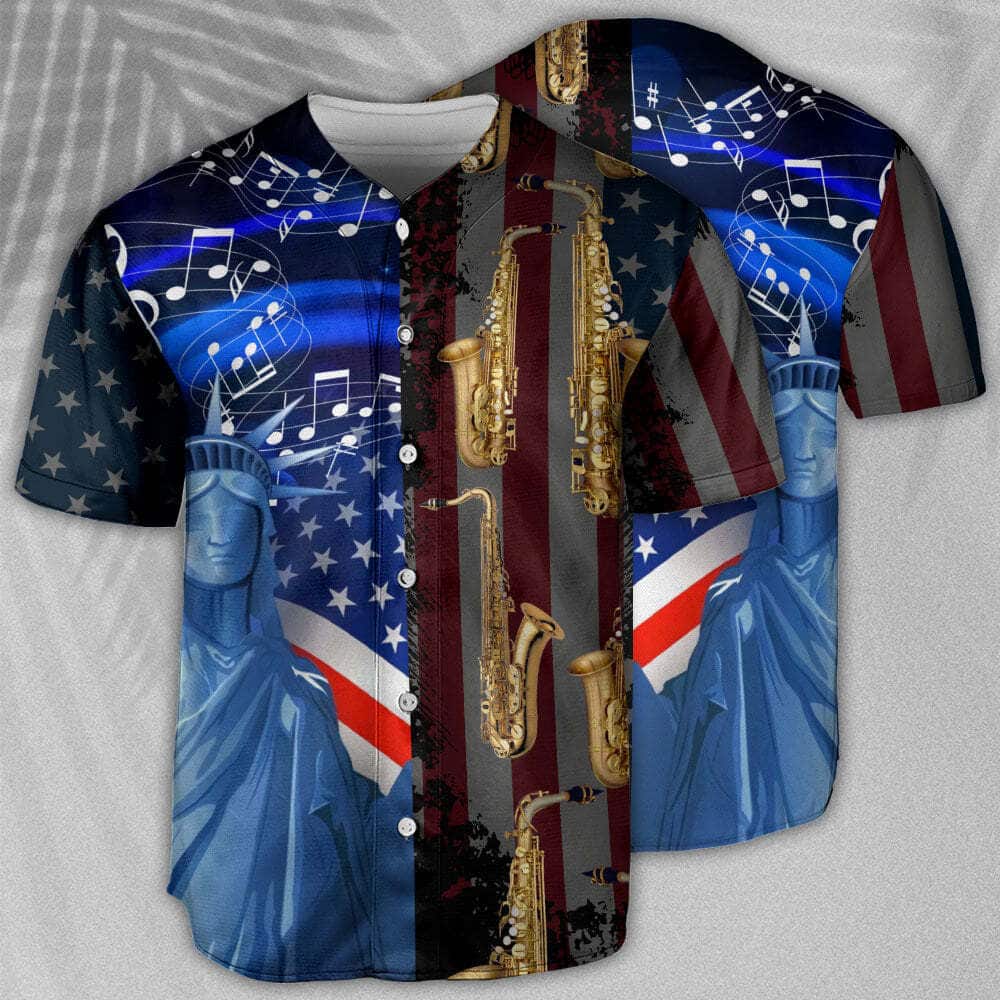 Saxophone Baseball Jersey USA Flag Independence Day Unique Gift For Music Lovers