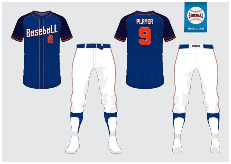 Baseball uniforms, sports shirts, sports t-shirts, short models, socks. Fake baseball t-shirts. Sports uniforms front and back view. Flat baseball logo on blue label.
