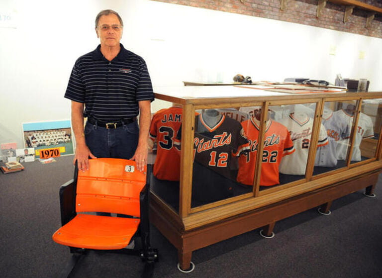 Richard Macaluso, stands behind a Candlestick Park seat on Thursday, April 17, 2008 at the Folsom History Museum. An exhibit on the 50 year history of the San Francisco Giants opens this month at the Folsom History Museum, that will contain uniforms, gloves, programs, balls and bats. Richard Macaluso, stands behind a Candlestick Park seat on Thursday, April 17, 2008 at the Folsom History Museum. An exhibit on the 50 year history of the San Francisco Giants opens this month at the Folsom History Museum, that will contain uniforms, gloves, programs, balls and bats.
