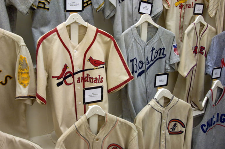 Old baseball jerseys on display at Sports Museum Old baseball jerseys on display at Sports Museum