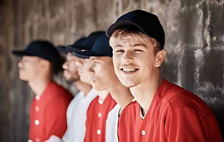 Baseball player, team and man with smile in portrait, sports and professional club with young athlete and fitness. Sport, happiness and exercise with active lifestyle, softball and training outdoor Baseball player, team and man with smile in portrait, sports and professional club with young athlete and fitness. Sport, happiness and exercise with active lifestyle, softball and training outdoor