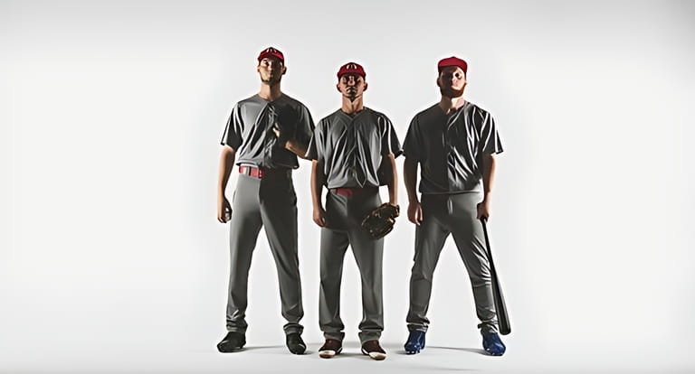 Three Caucasian professional baseball players posing against white background Three Caucasian professional baseball players posing against white background