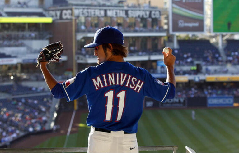 June 20, 2012 - San Diego, CA, USA - June 21, 2012 - San Diego, California, USA - Texas Rangers' fan AKIHIRO KANDA dresses in a baseball uniform called Minivish to honor Rangers pitcher Yu Darvish during a Major League Baseball game against the Texas Rangers in San Diego, CA. (Credit Image: &copy; KC Alfred/ZUMAPRESS.com)