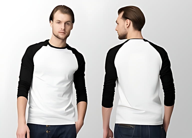 White baseball t-shirt with black sleeves hidden on a young man in jeans, isolated White baseball t-shirt with black sleeves hidden on a young man in jeans, isolated