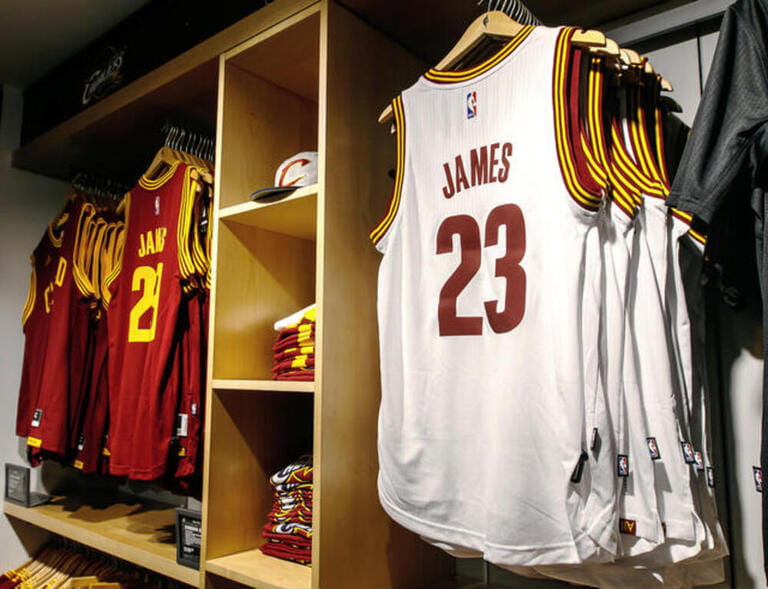 Replica jerseys of LeBron James of Cleveland Cavaliers on sale in the NBA store in Manhattan. Replica jerseys of LeBron James of Cleveland Cavaliers on sale in the NBA store in Manhattan.