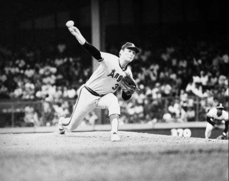NOLAN RYAN (1947- ). /nAmerican baseball pitcher. As a member of the California Angels, throwing the second of his record seven career no-hitters, a 6-0 win over the Detroit Tigers at Tiger Stadium, Detroit, Michigan, 15 July 1973. NOLAN RYAN (1947- ). /nAmerican baseball pitcher. As a member of the California Angels, throwing the second of his record seven career no-hitters, a 6-0 win over the Detroit Tigers at Tiger Stadium, Detroit, Michigan, 15 July 1973.