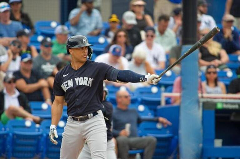 Dunedin, The United States. 18th Mar, 2023. New York Yankees Giancarlo Stanton bats against the Toronto Blue Jays during a spring training game at TD Ballpark in Dunedin, Fla., Saturday, March 18, 2023. Dunedin, The United States. 18th Mar, 2023. New York Yankees Giancarlo Stanton bats against the Toronto Blue Jays during a spring training game at TD Ballpark in Dunedin, Fla., Saturday, March 18, 2023.
