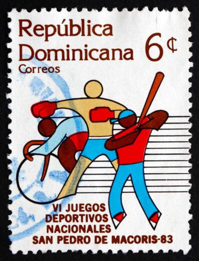 DOMINICAN REPUBLIC - CIRCA 1983: a stamp printed in Dominican Republic shows Bicycling, Boxing, Baseball, 6th National Games, circa 1983