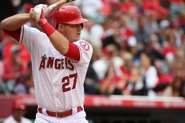 April 23, 2015: Los Angeles Angels center fielder Mike Trout #27 went 0-3 at the plate but did manage a walk and stolen base for the Halos.
