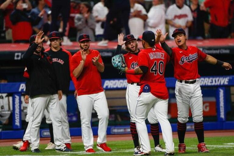 Cleveland Indians outfielder Harold Ramirez (40) celebrates a team victory during an MLB regular season game against the Baltimore Orioles, Monday, Ju Cleveland Indians outfielder Harold Ramirez (40) celebrates a team victory during an MLB regular season game against the Baltimore Orioles, Monday, Ju