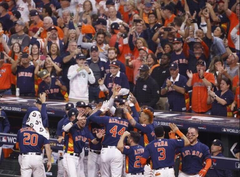 Houston, United States. 05th Nov, 2022. Houston Astros designated hitter Yordan Alvarez (44) celebrates with teammates after hitting a three run home run in the 6th inning before defeating the Philadelphia Phillies 4-1 in game six of the 2022 World Series at Minute Maid Park in Houston on Saturday, November 5, 2022. The Astros defeated the Phillies in six games to win the 2022 World Series Houston, United States. 05th Nov, 2022. Houston Astros designated hitter Yordan Alvarez (44) celebrates with teammates after hitting a three run home run in the 6th inning before defeating the Philadelphia Phillies 4-1 in game six of the 2022 World Series at Minute Maid Park in Houston on Saturday, November 5, 2022. The Astros defeated the Phillies in six games to win the 2022 World Series