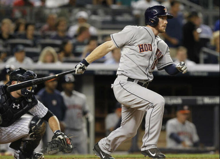 Houston Astros Robbie Grossman hits a single in the fourth inning against the New York Yankees at Yankee Stadium in New York City on August 20, 2014. UPI/John Angelillo