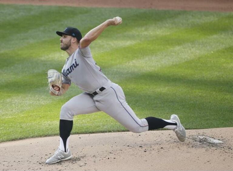 Miami Marlins starting pitcher Daniel Castano throws a pitch in the first inning against the New York Mets at Citi Field on Tuesday, August 25, 2020 in New York City. Miami Marlins starting pitcher Daniel Castano throws a pitch in the first inning against the New York Mets at Citi Field on Tuesday, August 25, 2020 in New York City.