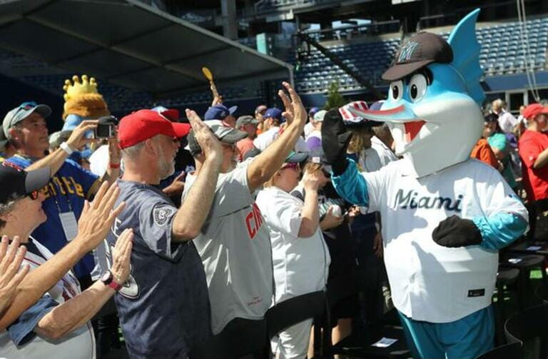 The Miami Marlins mascot, Billy the Marlin, high fives fans prior to the start of the 2023 MLB Draft at Lumen Field in Seattle, Washington on Sunday, July 9, 2023.