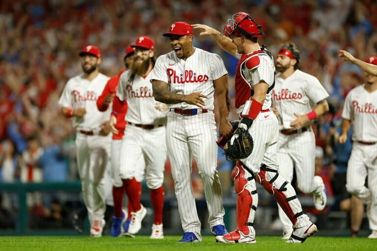 regory Soto #30 of the Philadelphia Phillies celebrates with J.T. Realmuto #10 after defeating the Miami Marlins 7-1 in Game Two of the Wild Card Series at Citizens Bank Park on October 04, 2023 in Philadelphia, Pennsylvania