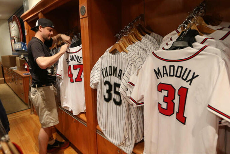 Mike Blackstock of Atlanta looks for his size among the Tom Glavin jerseys at the National Baseball Hall of Fame gift shop in Cooperstown, New York on July 24, 2014. Inductees, Atlanta Braves pitchers Greg Maddux and Tom Glavin along with White Sox power hitter Frank Thomas will be inducted with managers Tony La Russa, Joe Torre and Bobby Cox into the National Baseball Hall of Fame on July 27, 2014. UPI/Bill Greenblatt Mike Blackstock of Atlanta looks for his size among the Tom Glavin jerseys at the National Baseball Hall of Fame gift shop in Cooperstown, New York on July 24, 2014. Inductees, Atlanta Braves pitchers Greg Maddux and Tom Glavin along with White Sox power hitter Frank Thomas will be inducted with managers Tony La Russa, Joe Torre and Bobby Cox into the National Baseball Hall of Fame on July 27, 2014. UPI/Bill Greenblatt