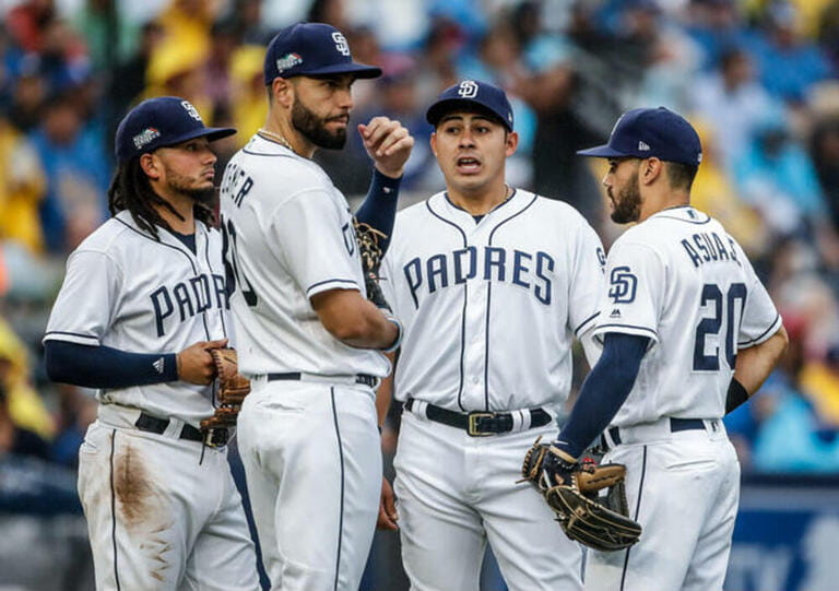 Christian Villlanueva. Baseball action during the Los Angeles Dodgers game against San Diego Padres, the second game of the Major League Baseball Seri Christian Villlanueva. Baseball action during the Los Angeles Dodgers game against San Diego Padres, the second game of the Major League Baseball Seri