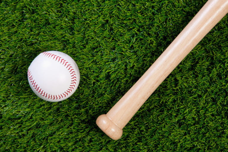 Photo of a baseball and wodden bat on grass Photo of a baseball and wodden bat on grass